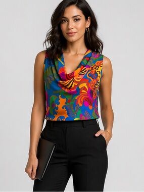 Vintage Trina Turk x Banana Republic Silk Blouse Size 0 Bold Print Cowl Neck
